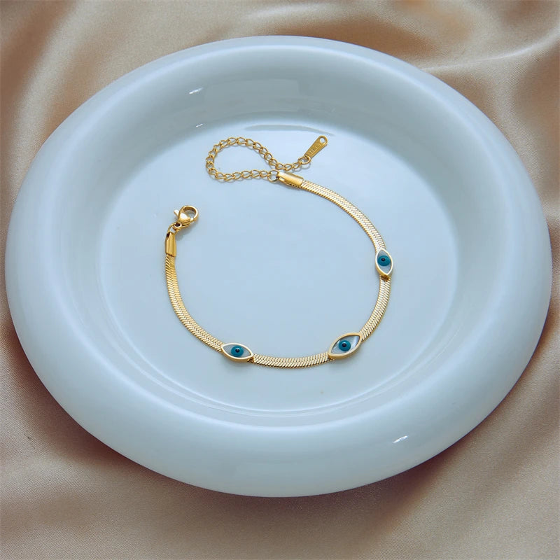 Gold Evil Eye Snake Chain Bracelet - Stainless Steal
