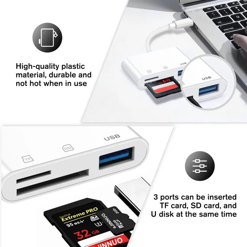 3-in-1 SD TF Card Reader for iPhone 14/13/12 – USB OTG Adapter & Camera Connector